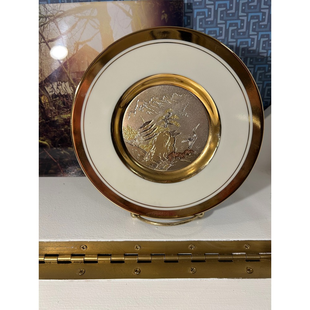 Vintage Japanese Chokin‎ Art Collector Plate Gold Silver Pagoda Crane 6 Inch